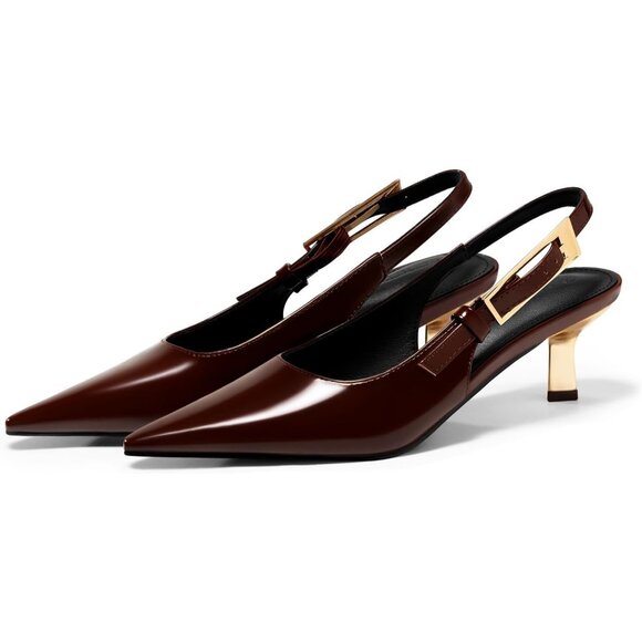 Women's Red Brown Slingback Kitten Heels Closed Pointed Toe Pumps Buckle Strap - Picture 4 of 6